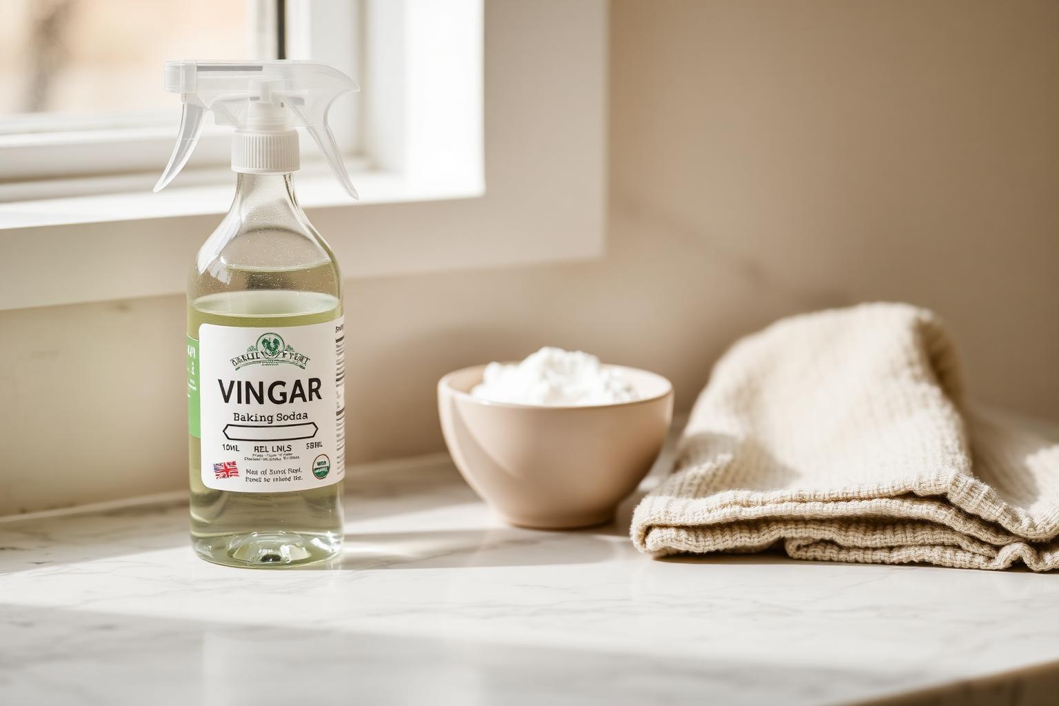 Glass spray bottle of vinegar with a small bowl of baking soda and a microfiber cloth