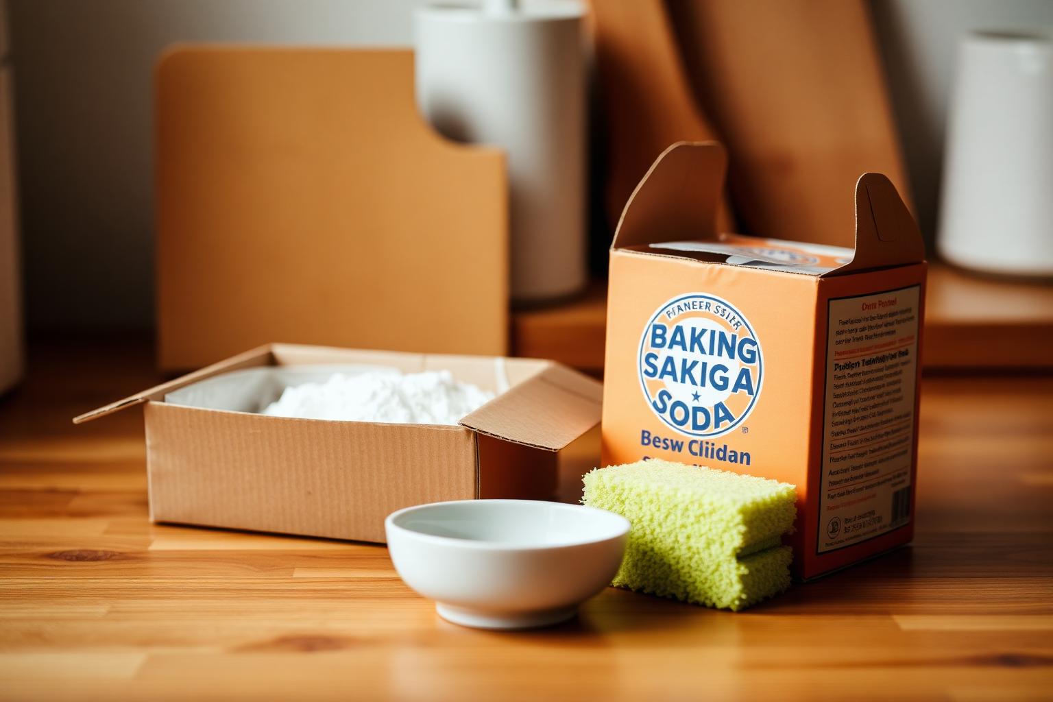 An open box of baking soda next to a small bowl and a kitchen sponge