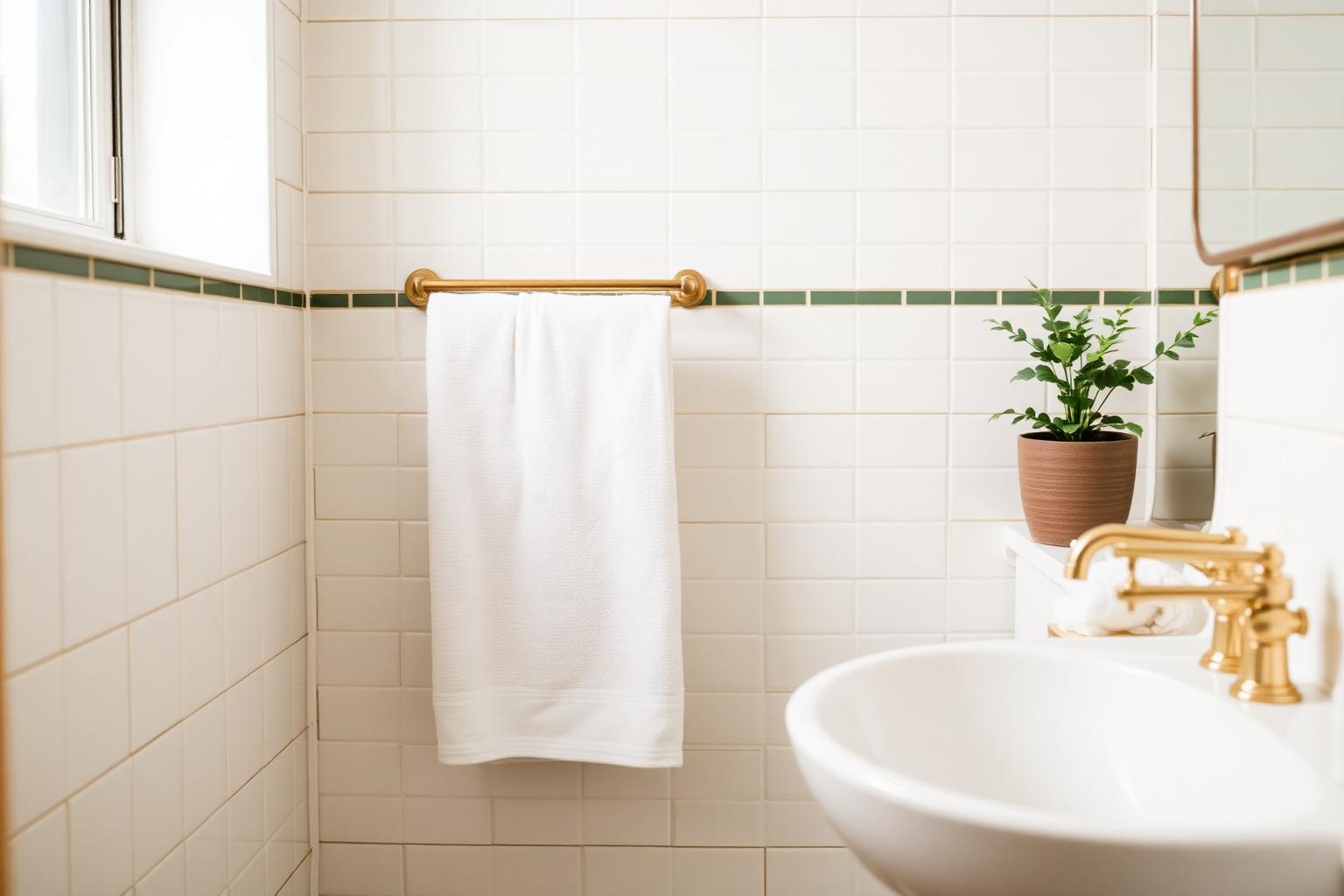 Clean white-tiled bathroom with plants and folded towels