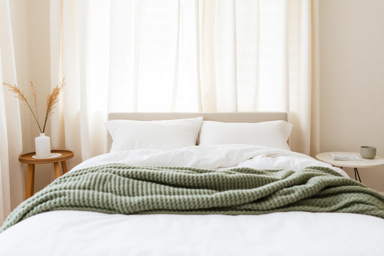 Bright bedroom with made bed and sage green throw