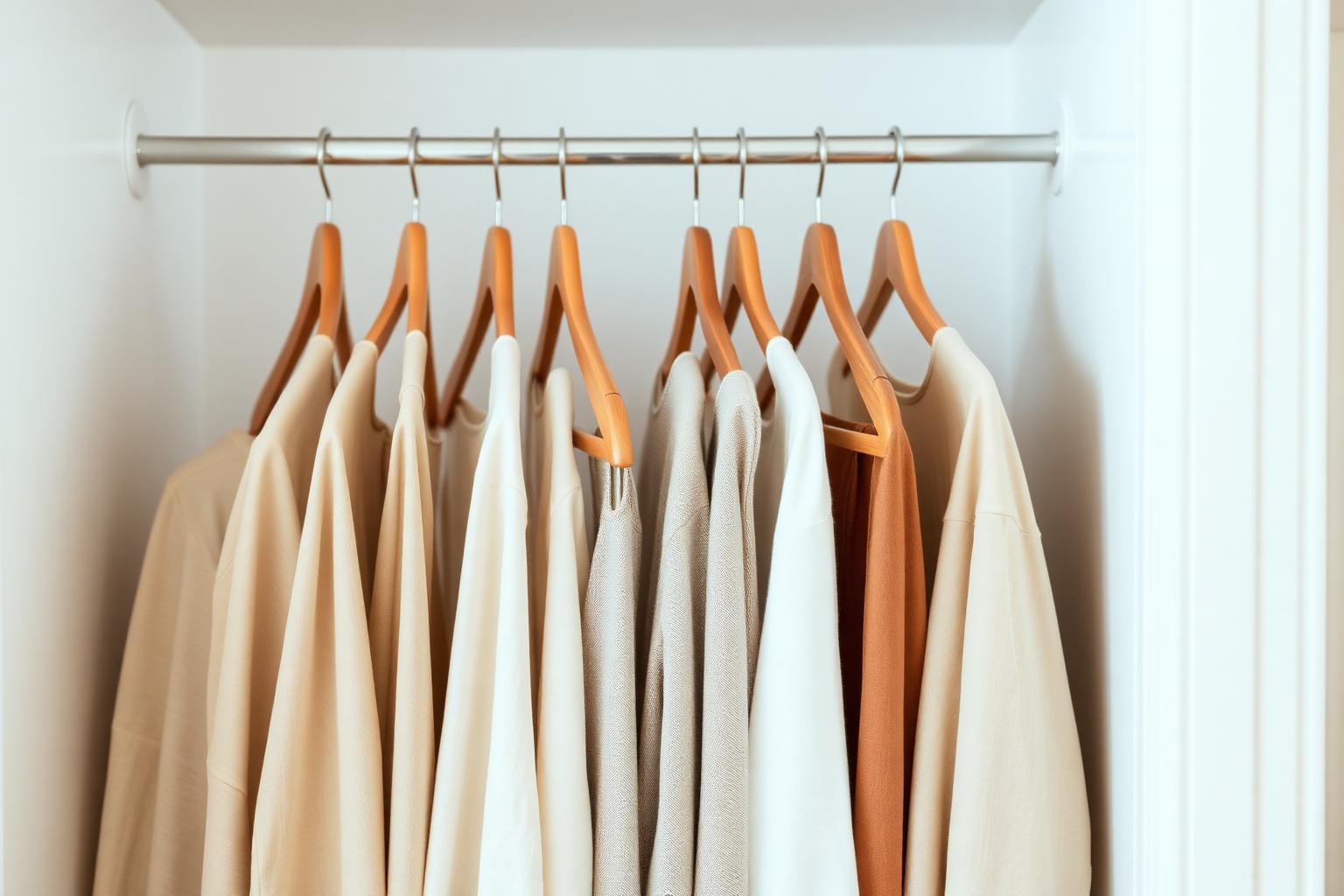 A neat capsule wardrobe of neutral clothing on wooden hangers in a calm closet