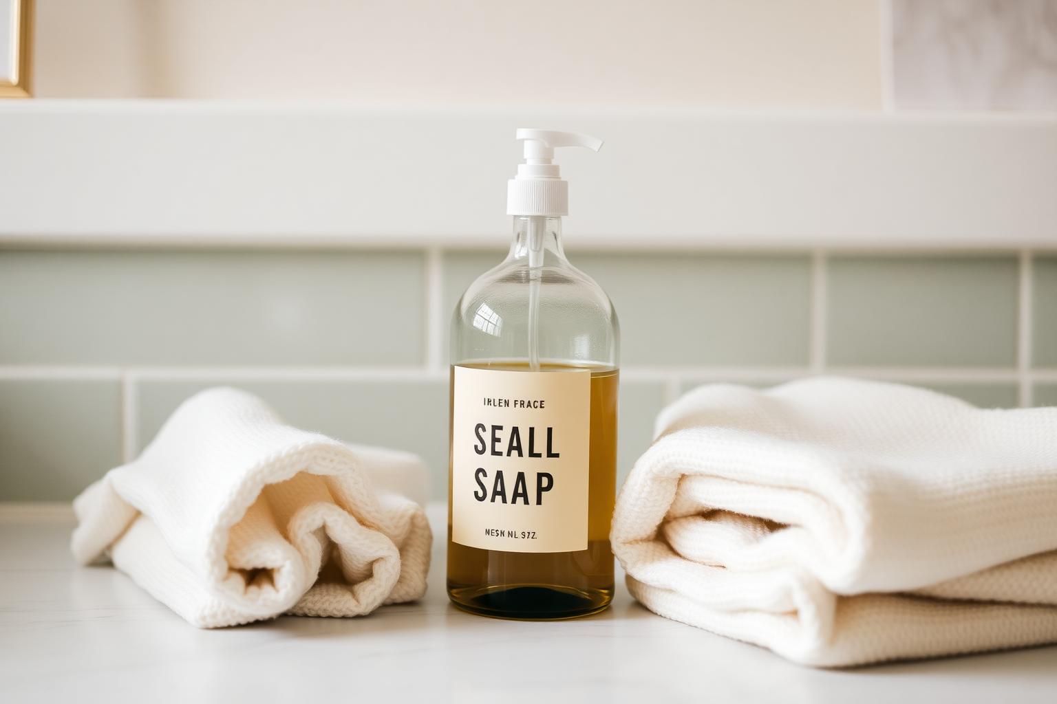 A bottle of castile soap surrounded by a glass spray bottle and folded microfiber cloths