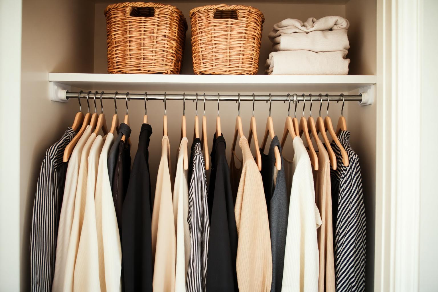 Compact closet with hanging clothes, baskets and a shelf well organized