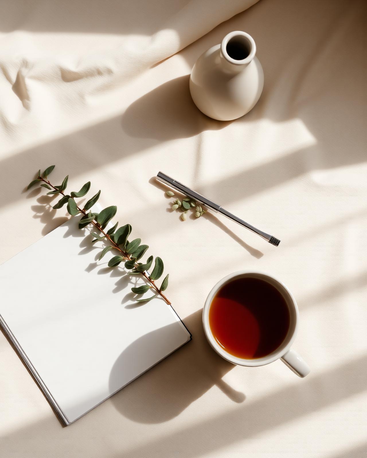 Open notebook, tea and dried eucalyptus on a linen surface