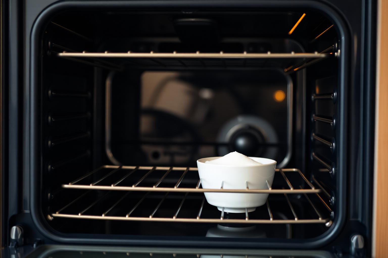Sparkling clean oven interior with a small bowl of baking soda paste on the open door