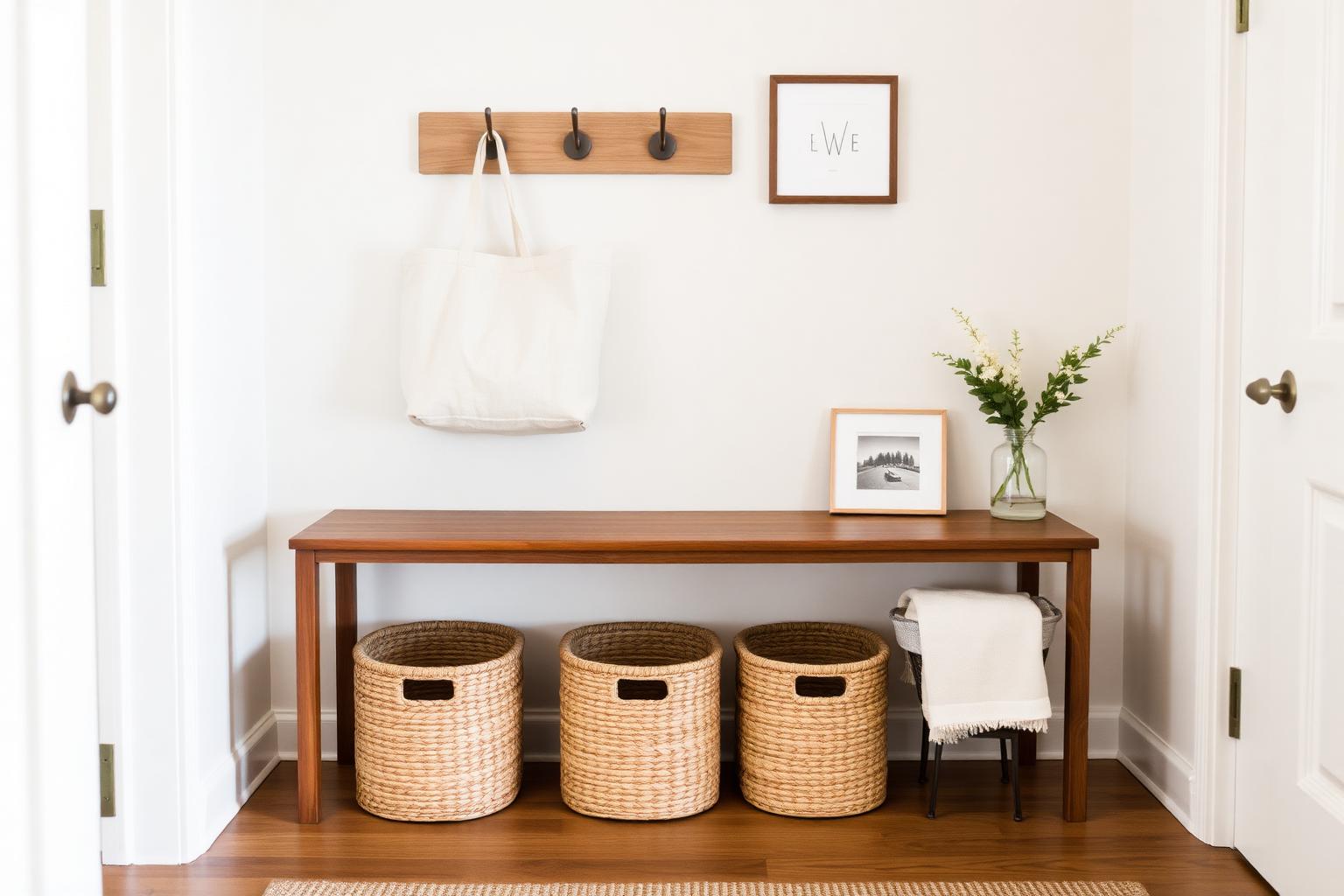 Minimalist entryway with bench, hooks and storage baskets