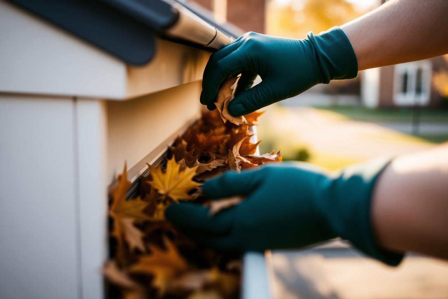 Hands cleaning leaves out of a roof gutter in autumn