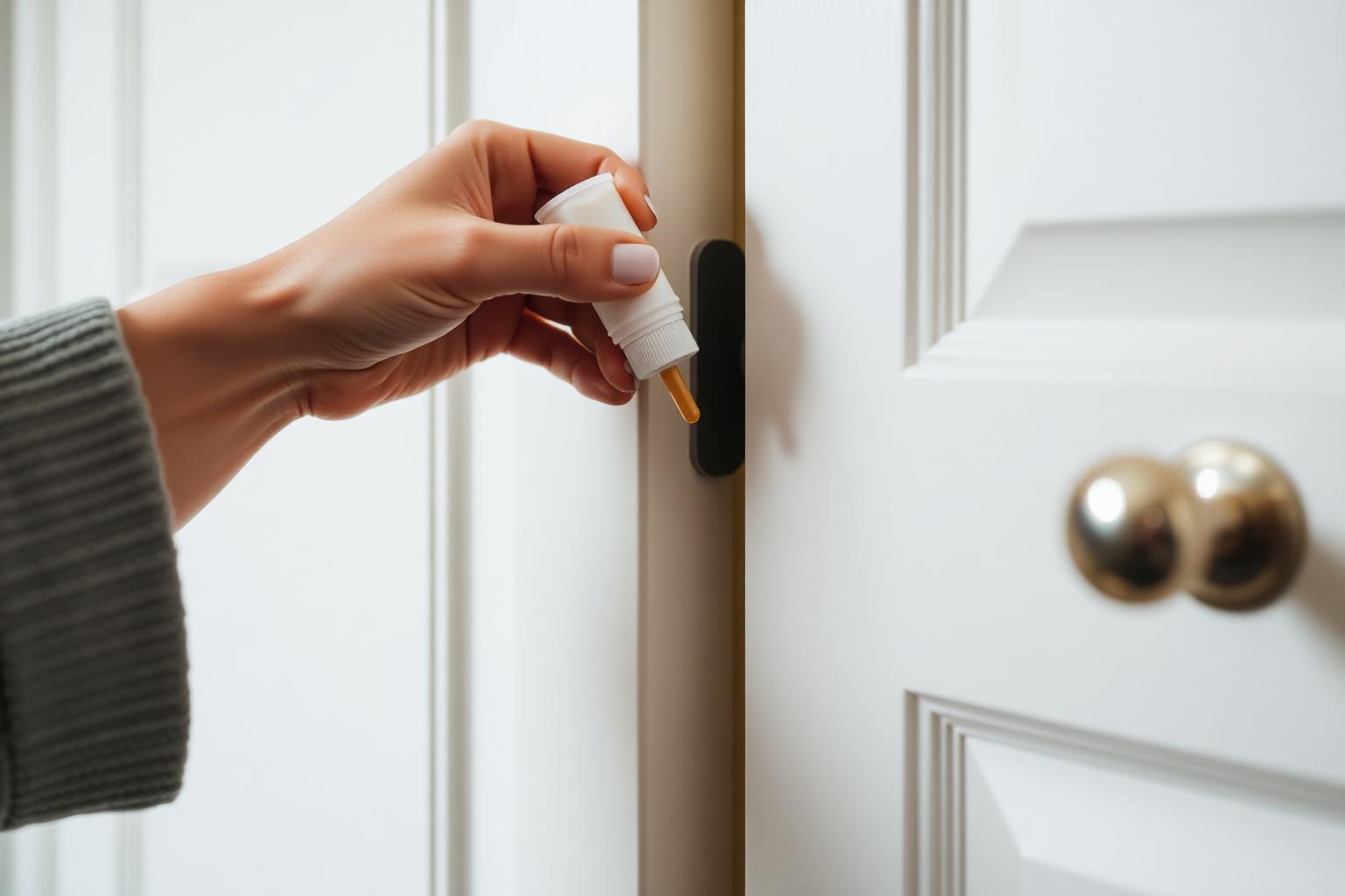 Hand applying oil to a door hinge