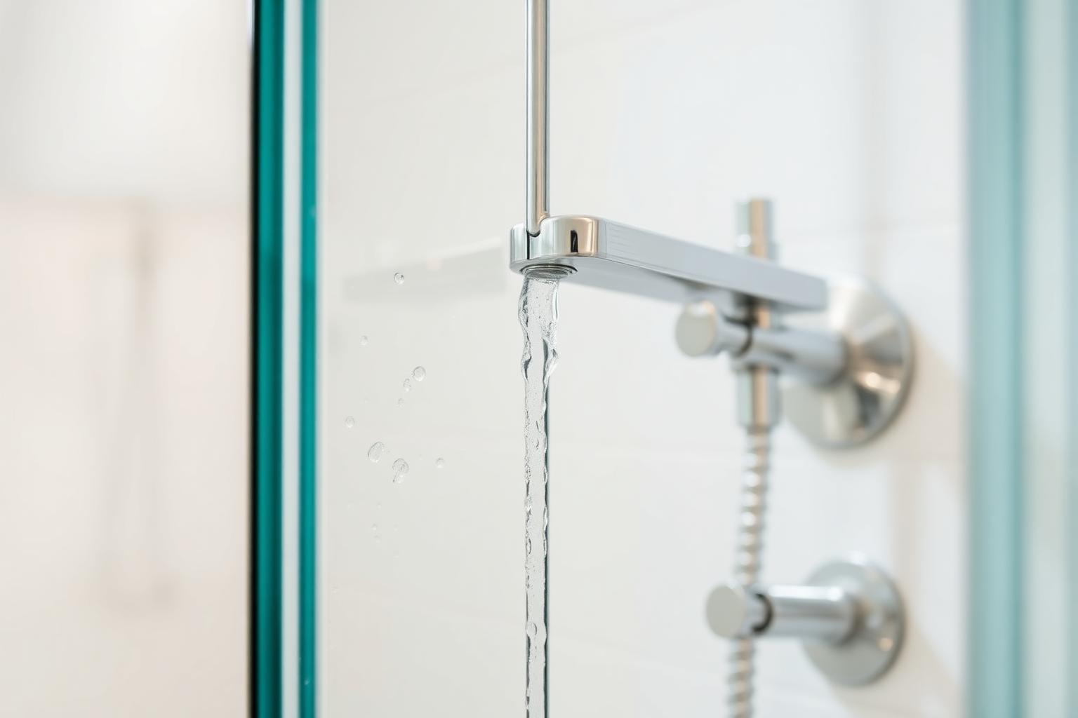 A crystal clear glass shower door and gleaming chrome faucet after cleaning