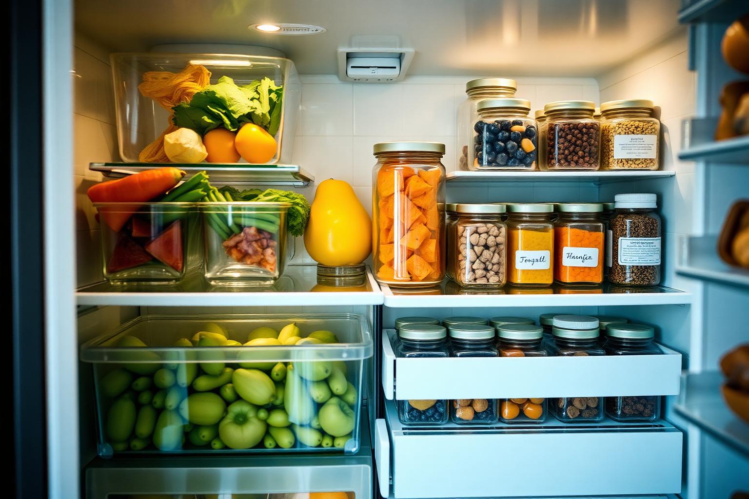 Organized refrigerator interior with clear bins and labeled drawers