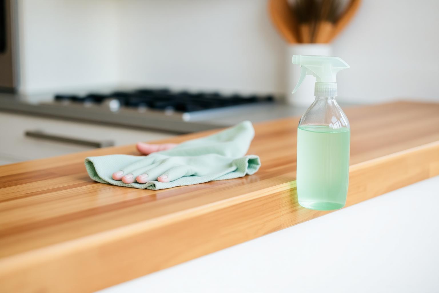 Hands wiping a wooden kitchen counter with a natural cleaner
