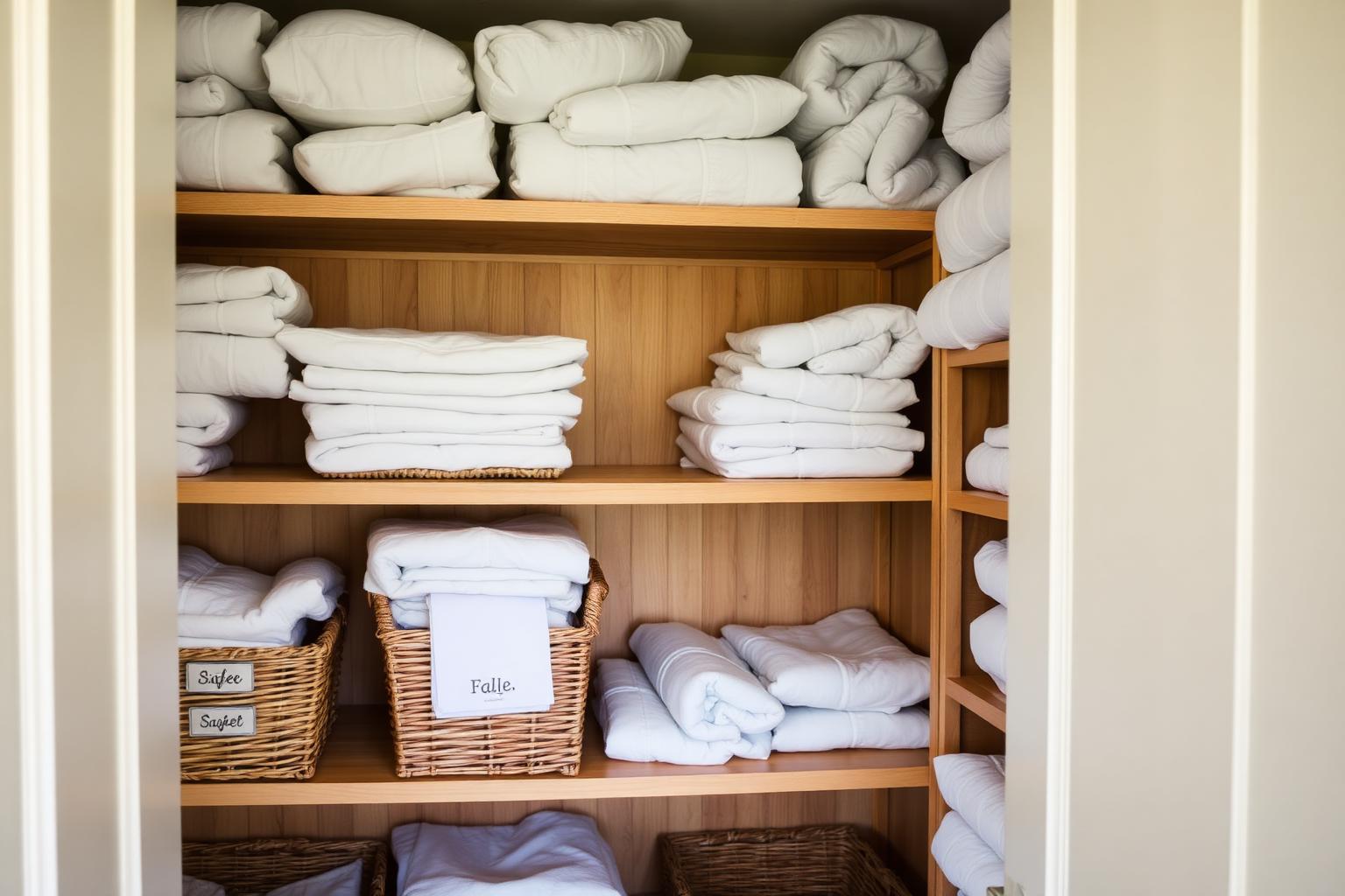 Linen closet with folded sheets in labeled wicker baskets
