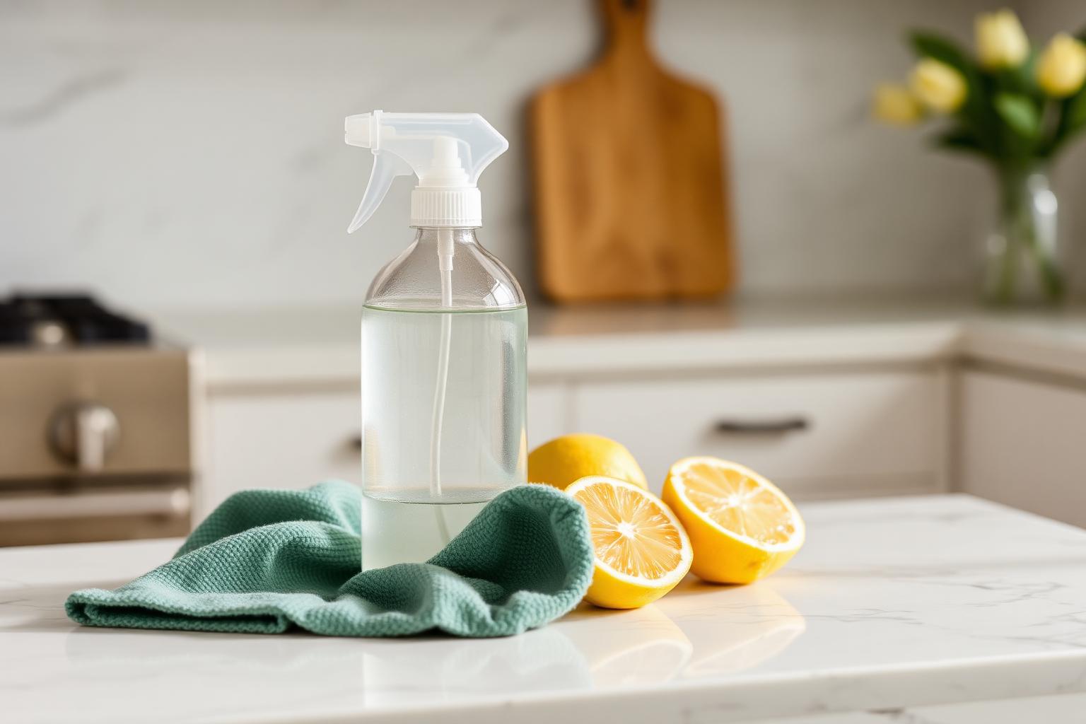 Natural cleaning supplies on a marble counter