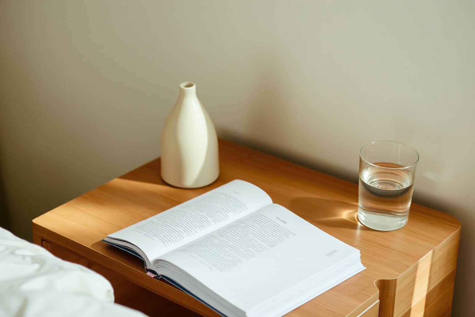 A simple nightstand with a lamp, book, and small glass of water