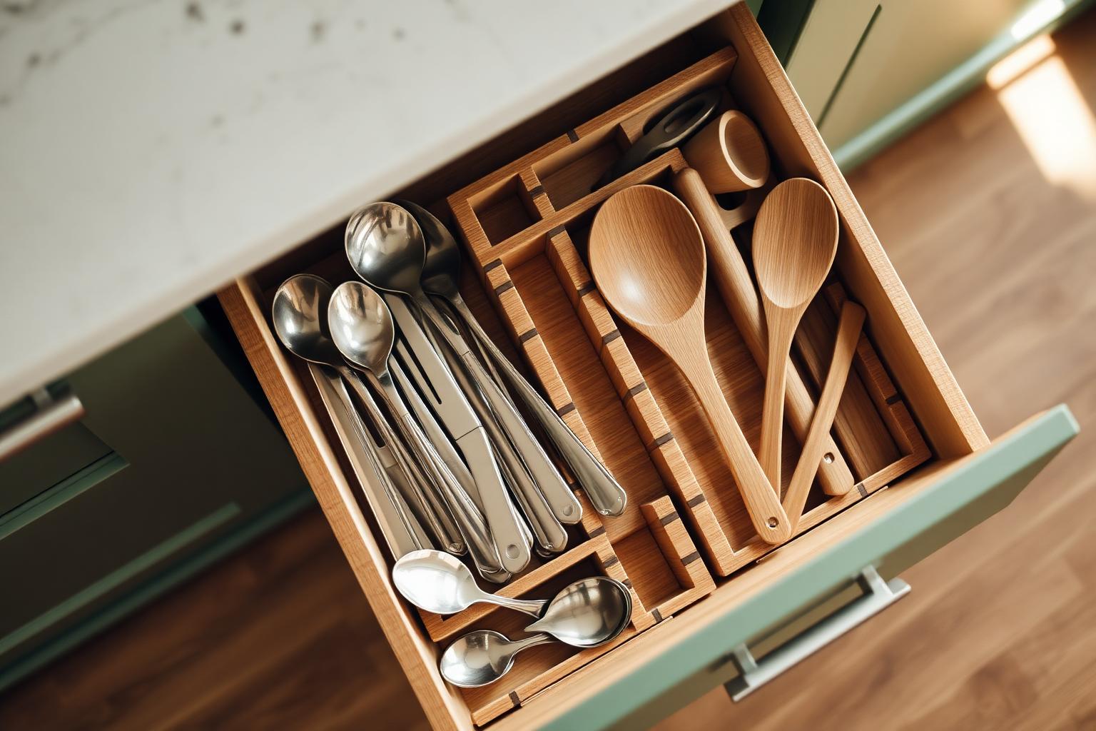 Neatly divided kitchen utensil drawer with bamboo dividers