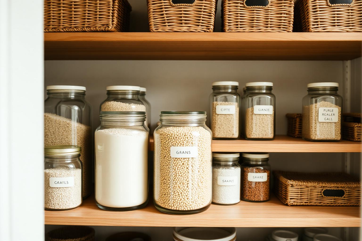 Organized pantry with labeled glass jars and wicker baskets