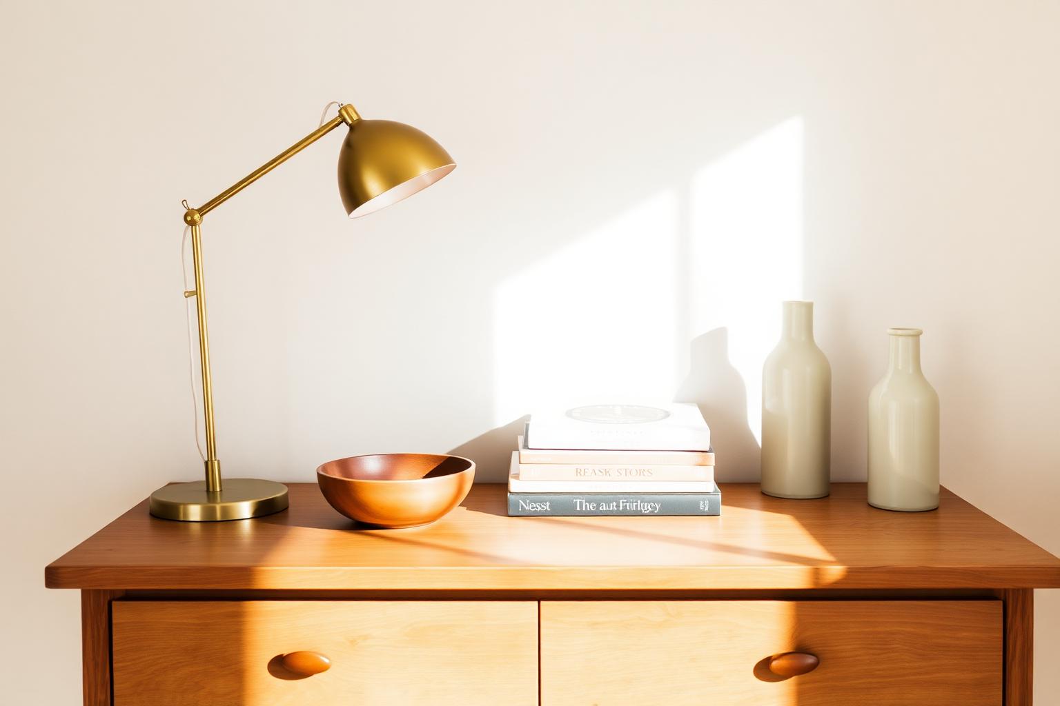 Styled console table with brass lamp and wood bowl