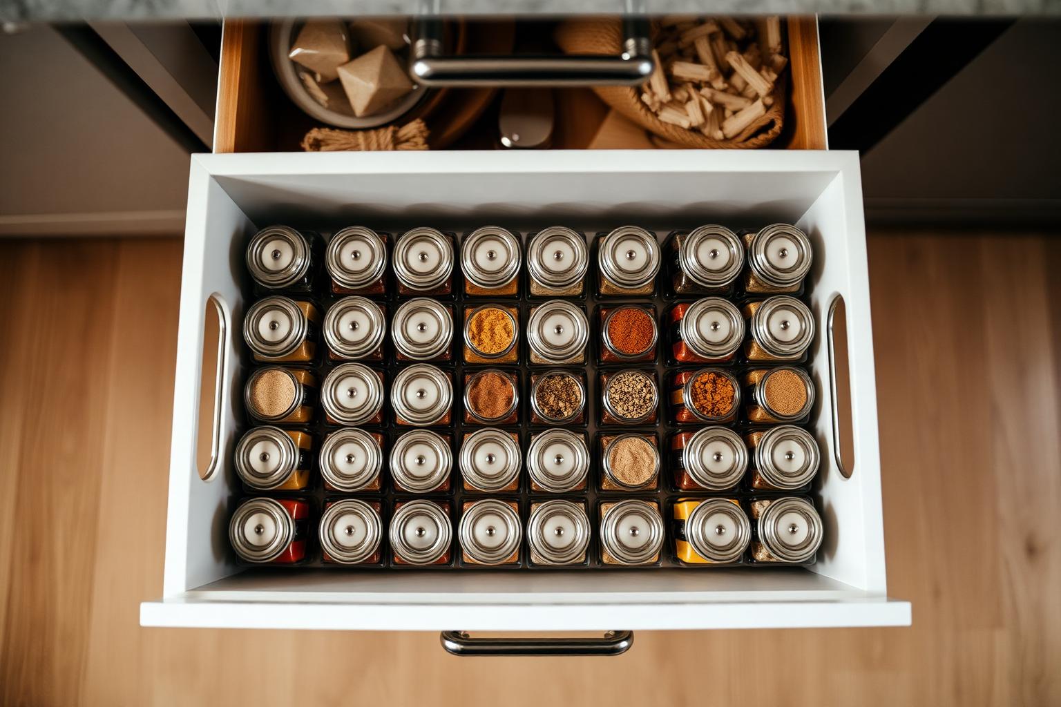 Spice drawer with labeled jars arranged in tidy rows