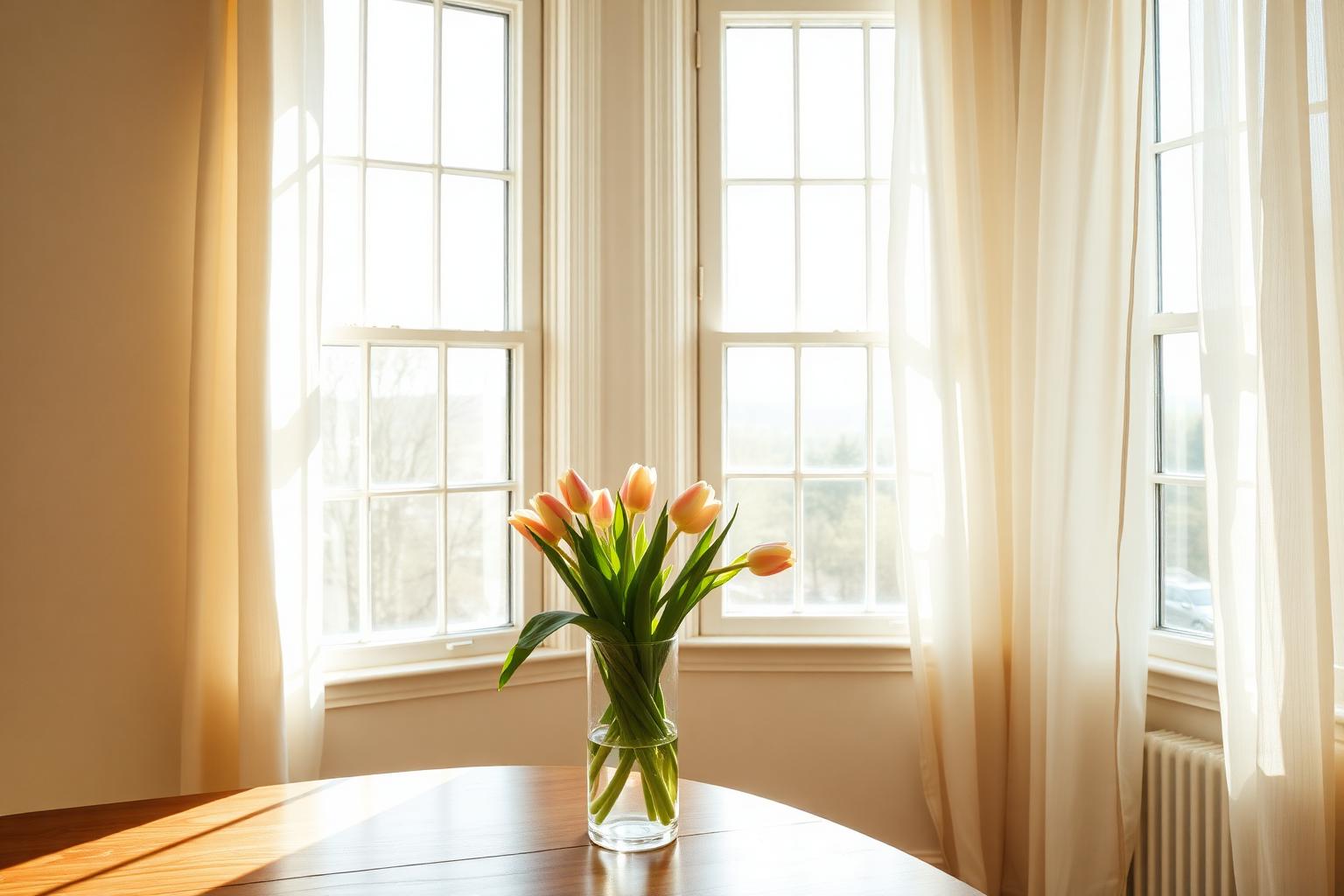 Sunlit room with open windows and fresh flowers on the table