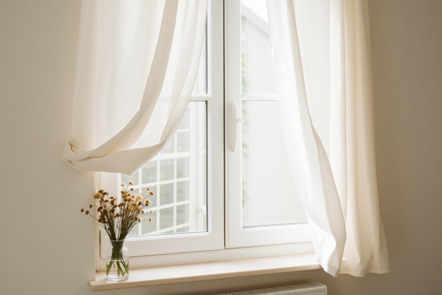 Open window with fresh white curtains and morning light