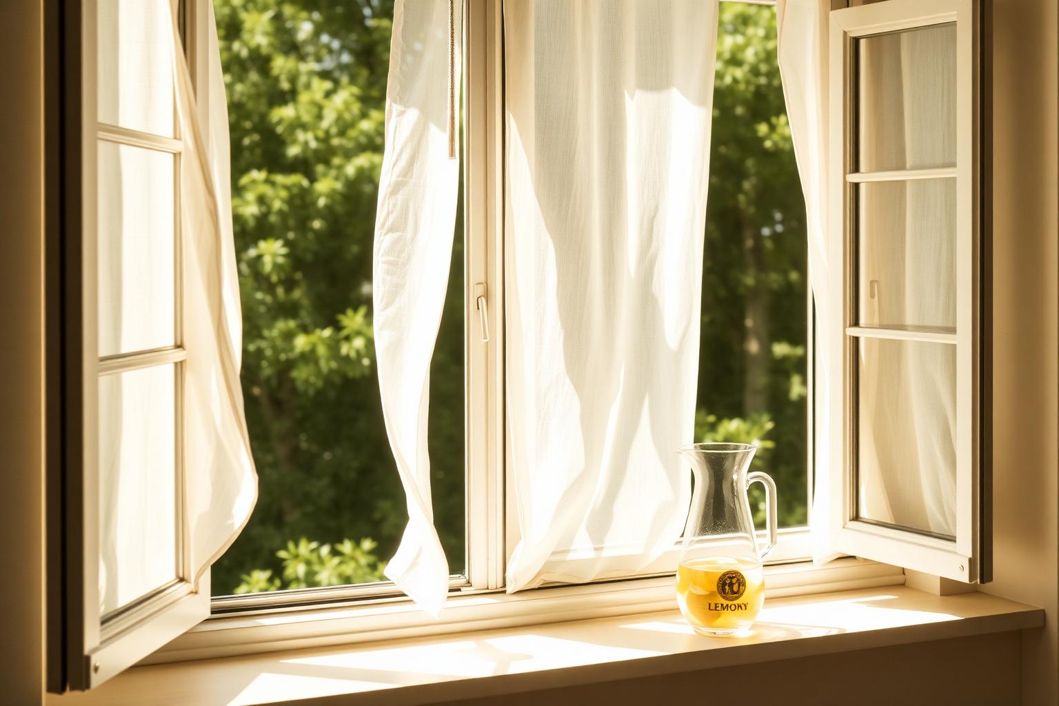 Open windows with linen curtains blowing in summer breeze