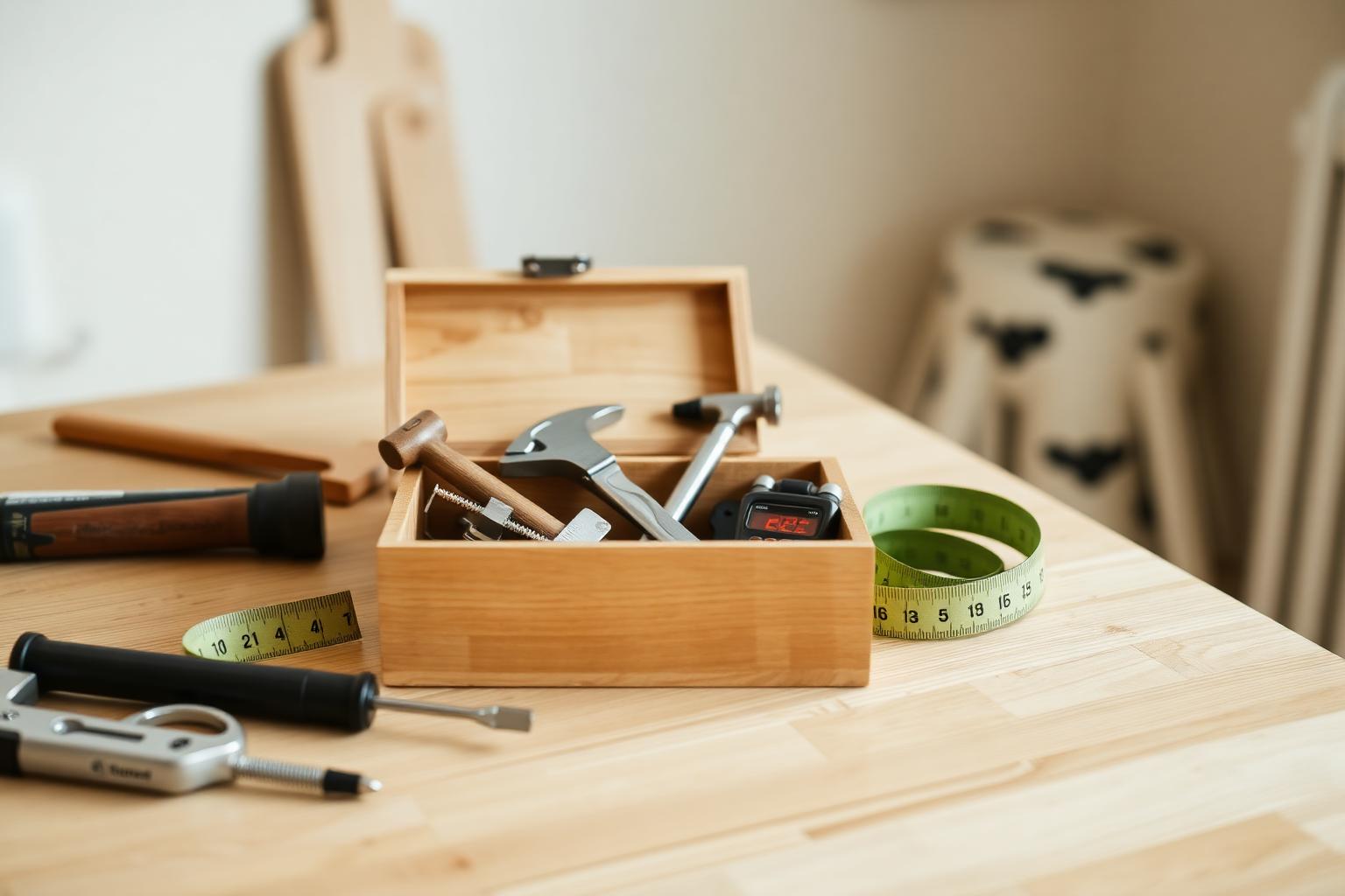 A small wooden box of basic household tools