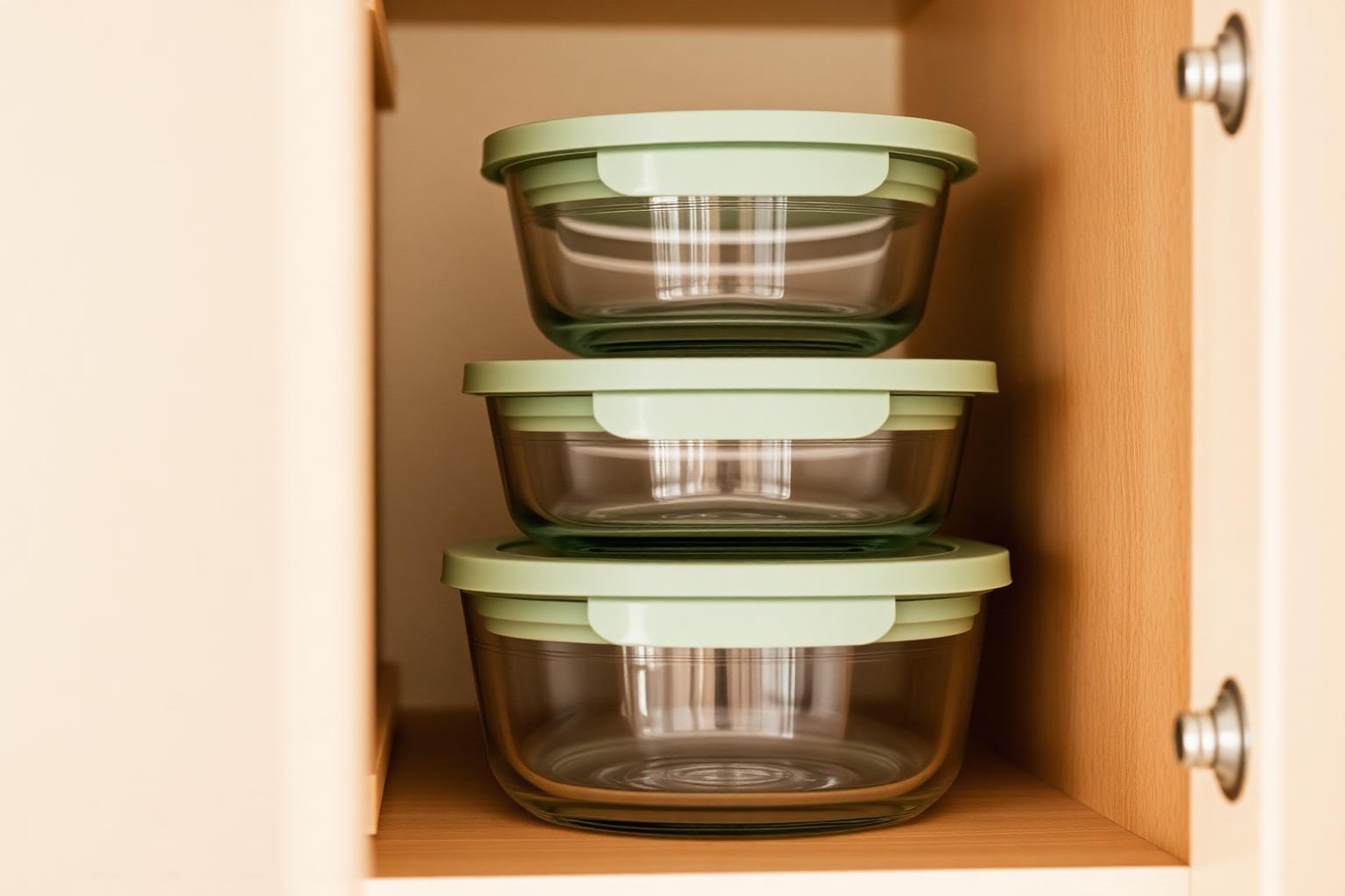 Neatly nested glass food storage containers with stacked lids