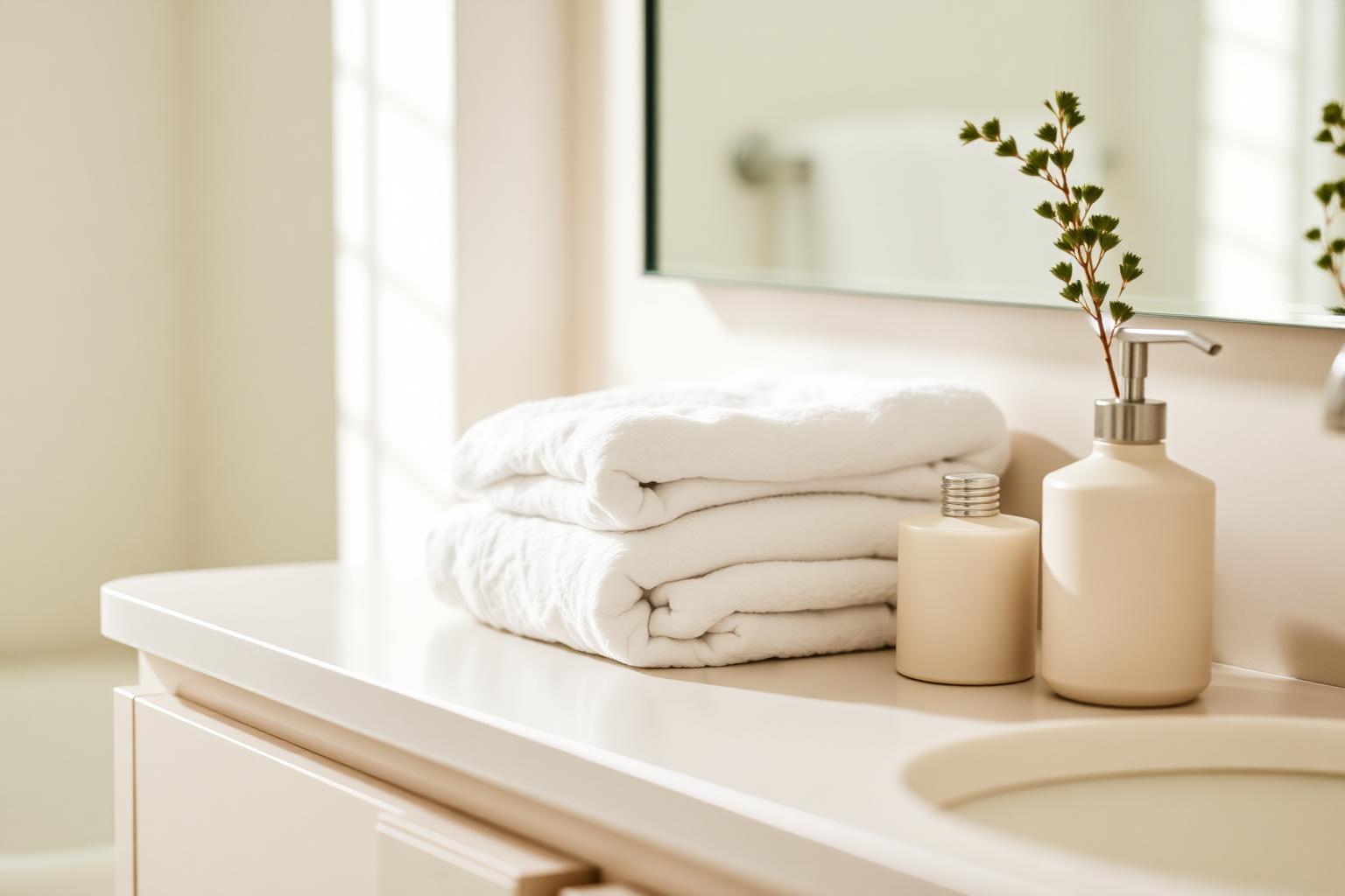 Clean modern bathroom counter with a single neatly folded hand towel
