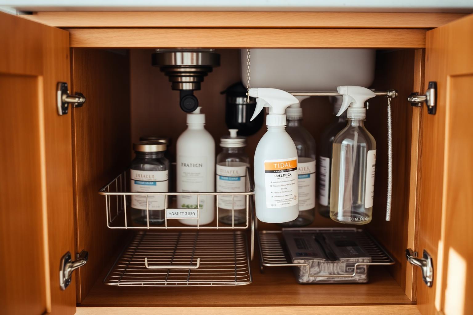 Tidy under-sink cabinet with pull-out drawers and labeled bottles