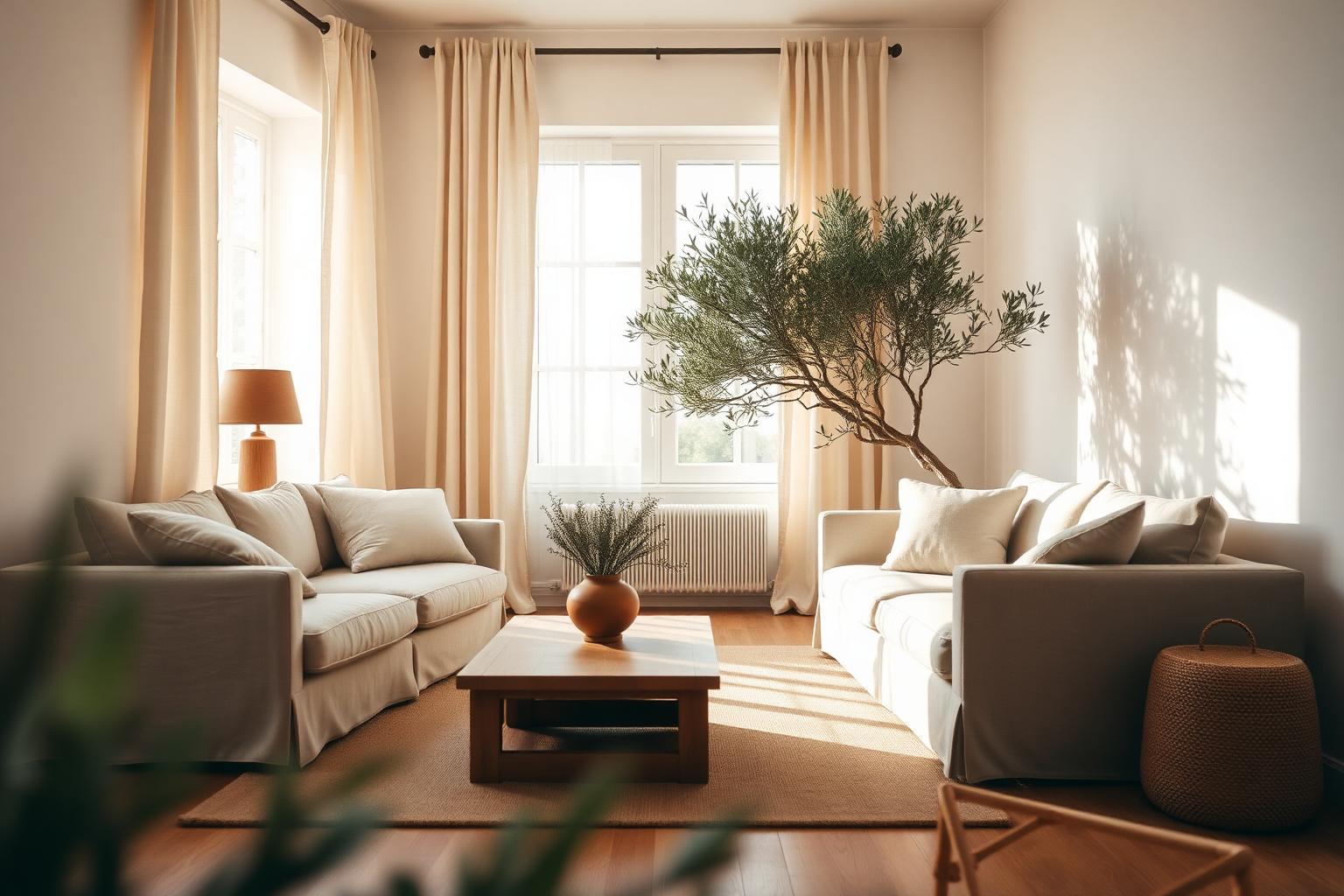 Warm minimalist living room with oak coffee table and linen sofa