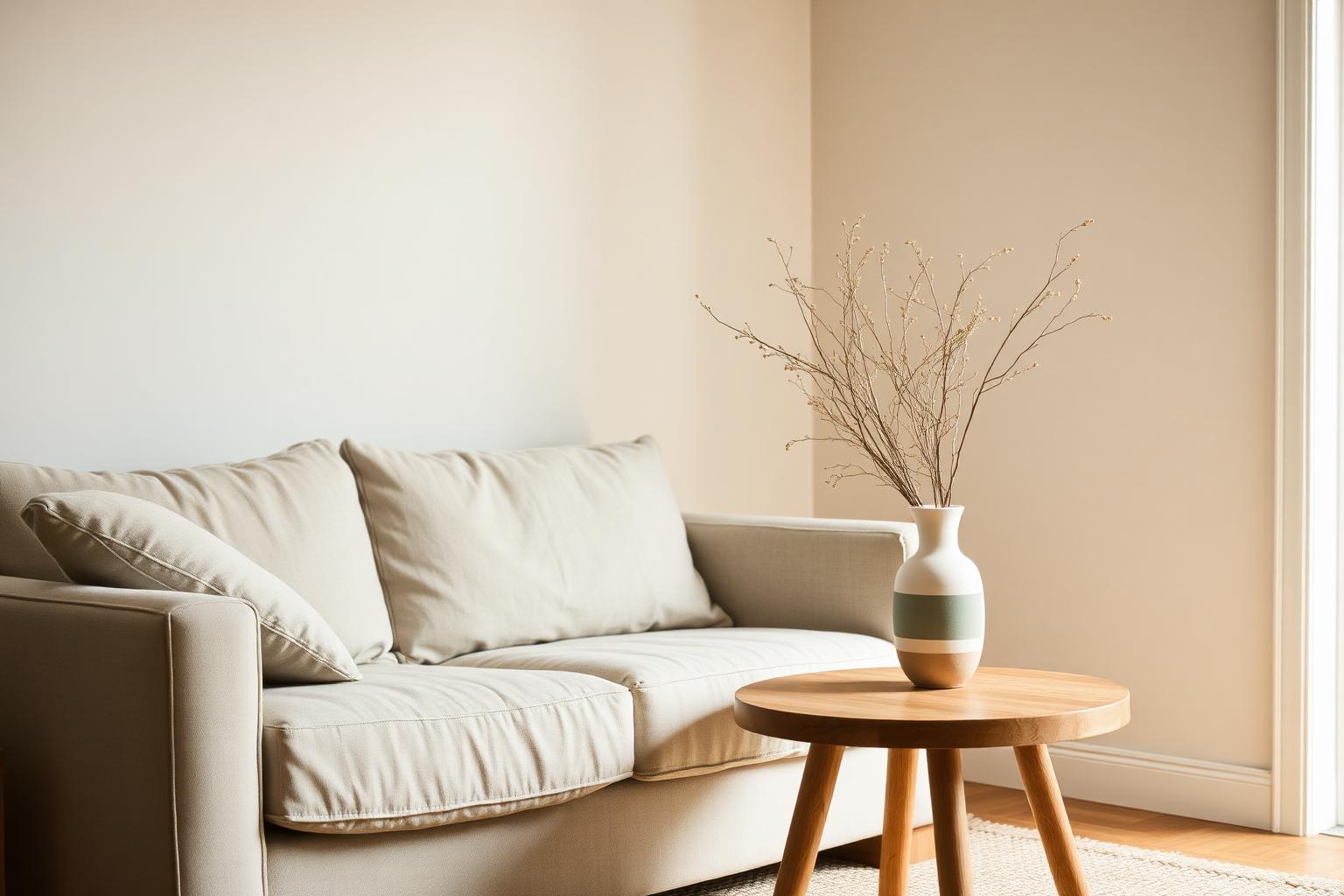 Warm minimalist living room corner with linen sofa and plants